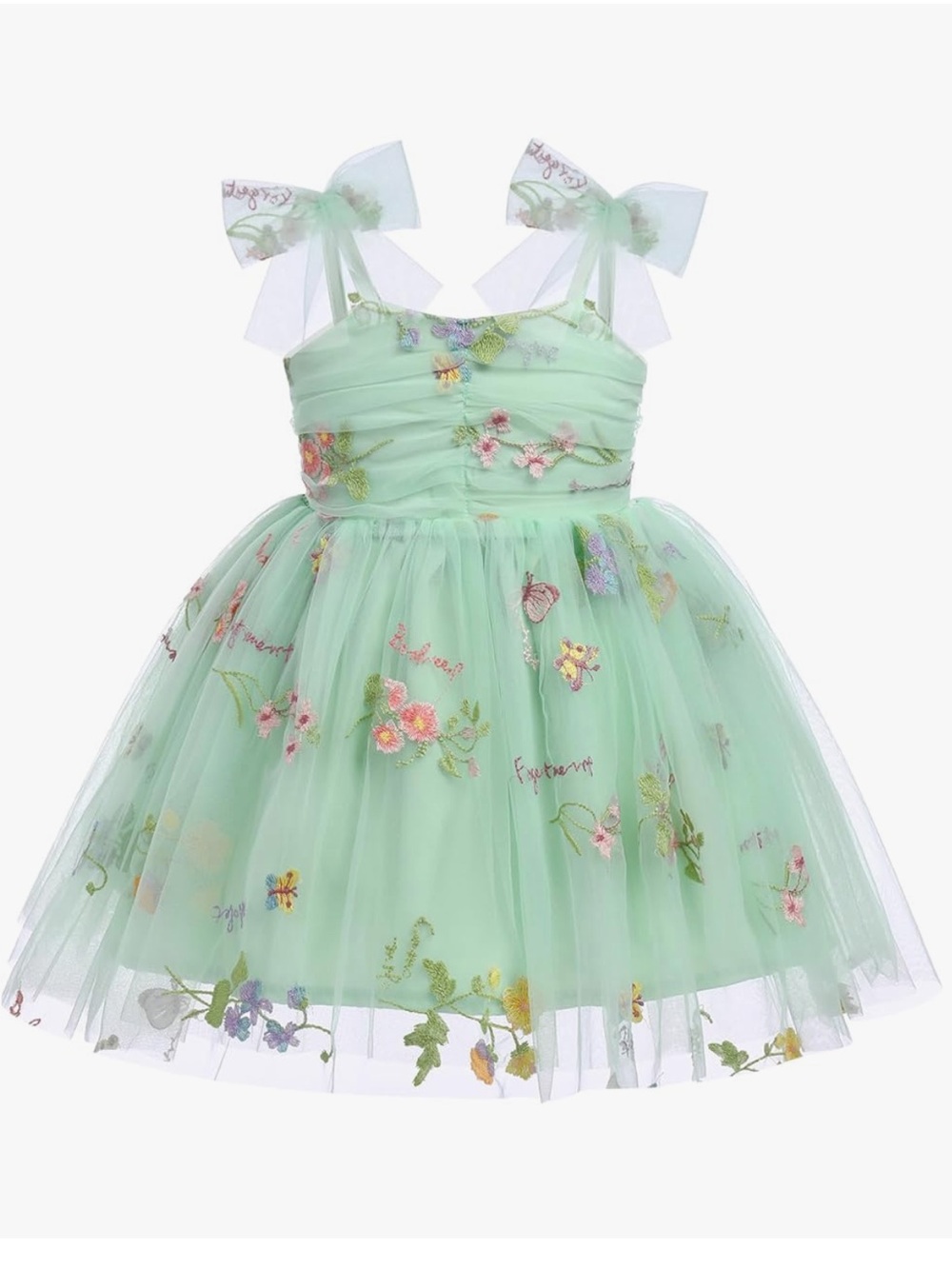 Mint Green Floral Tulle Dress with Bow Straps